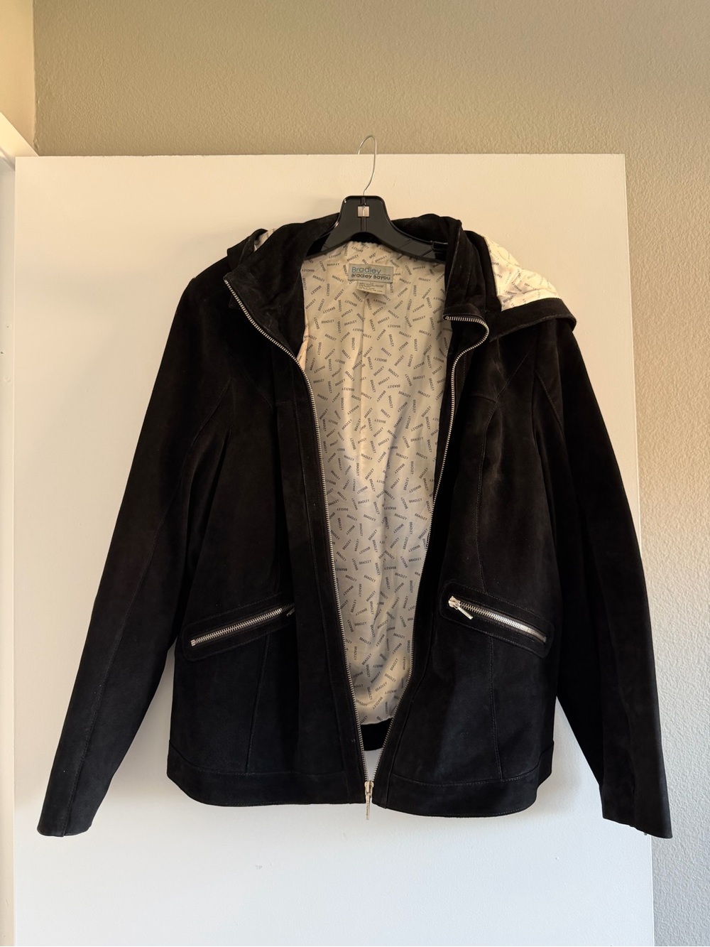 Bradley Bayou Black Soft Leather Hooded Zip Jacket with Cream Patterned Lining